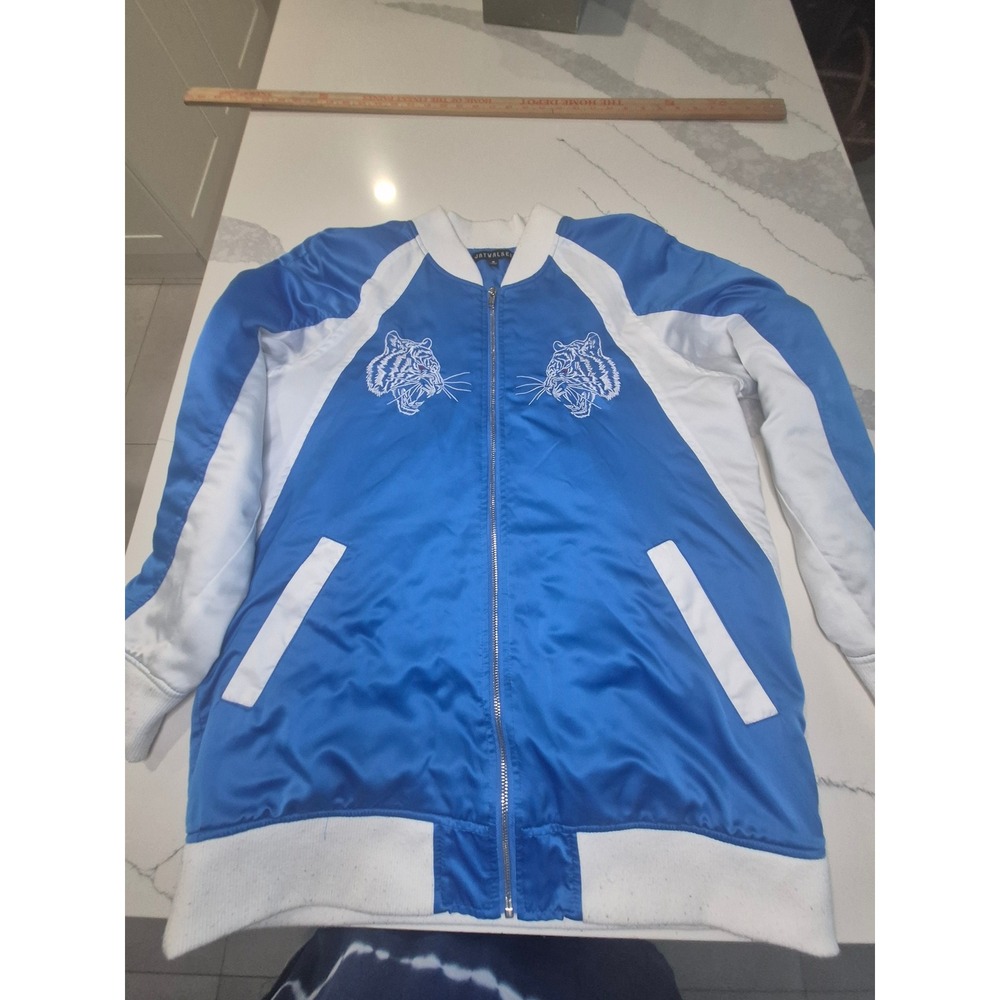 Jaywalker‎ Mens Blue Satin Tiger Embroidered Bomber Jacket Varsity Zip Up Size M - Picture 4 of 16